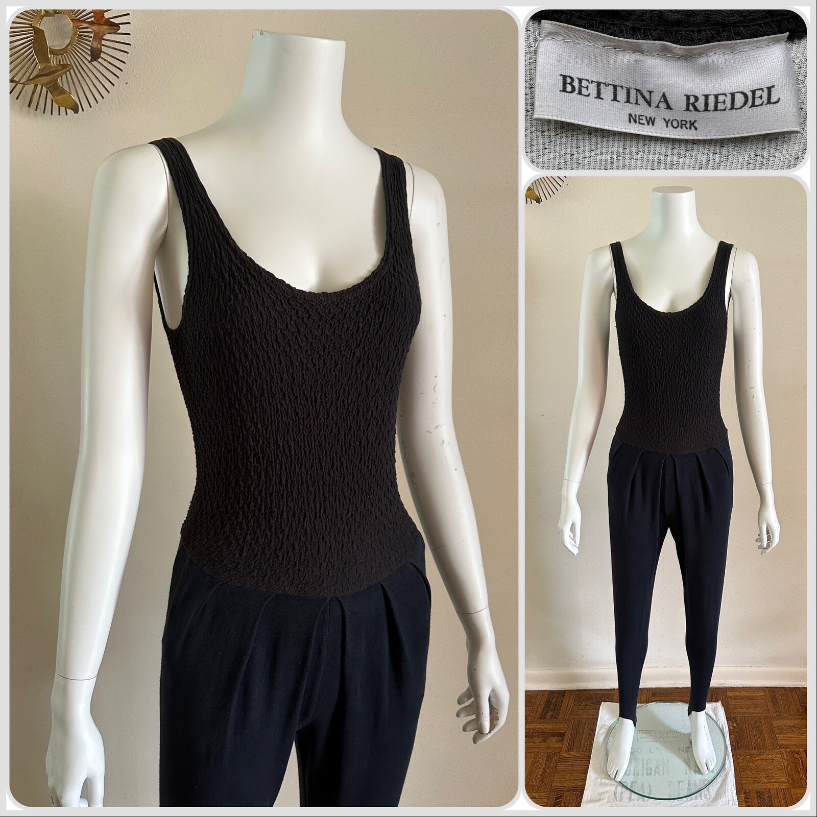 1990s Bettina Riedel NY Stirrup Pant Jumpsuit Romper Pleated Black Catsuit S VTG