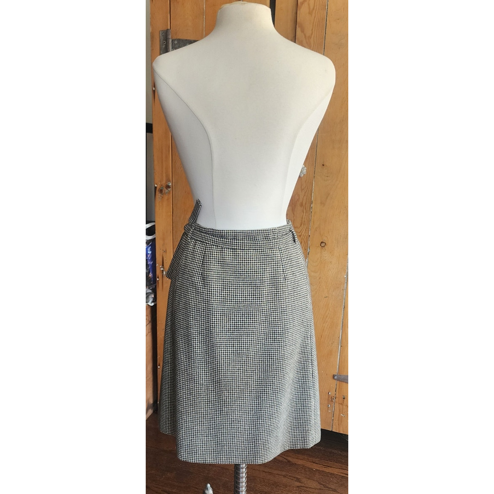 Vintage Dries Van Noten Skirt Gray Houndstooth Wool Knee Length Belt Sash Medium