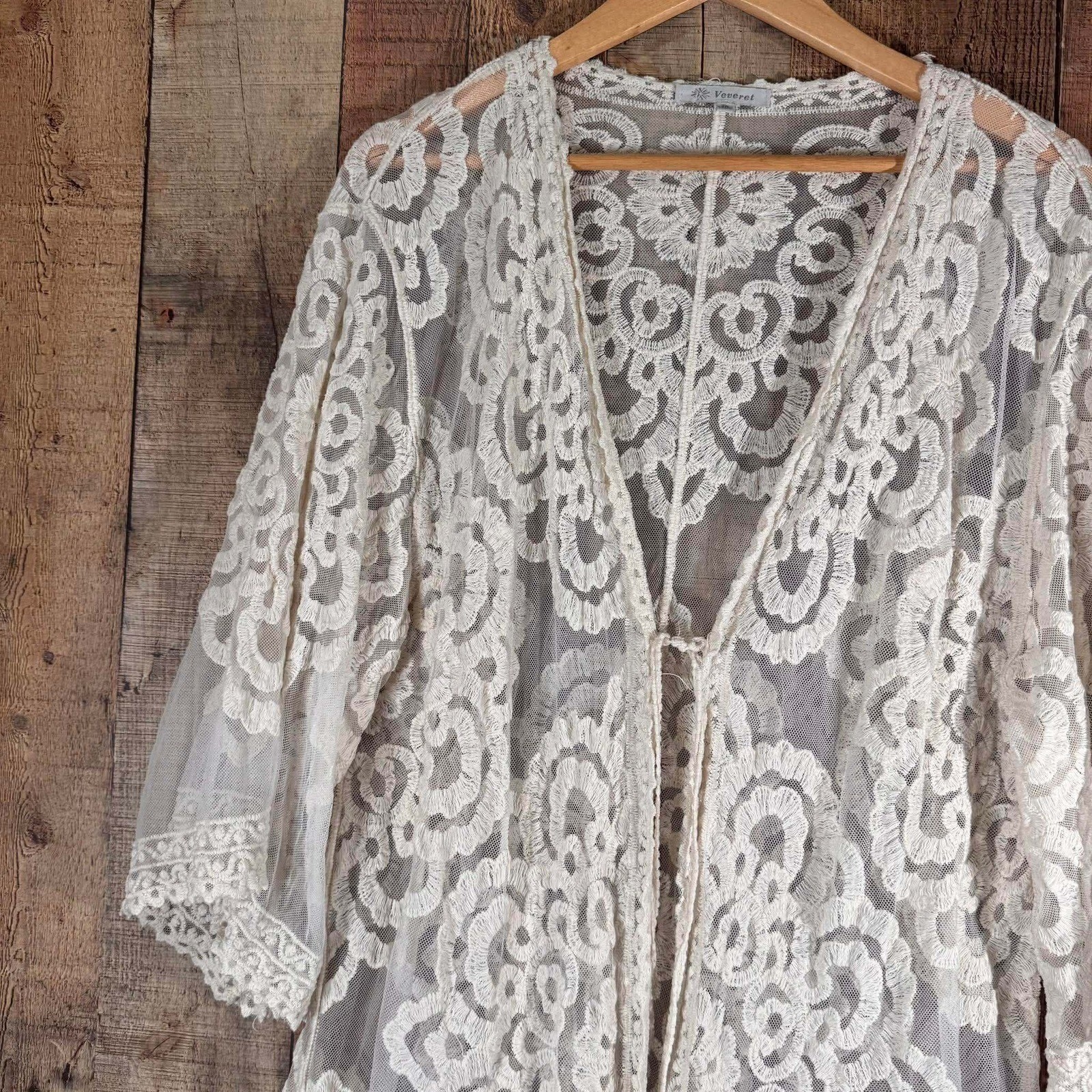 Veveret Cream Lace Kimono M/L Sheer Floral Crochet Duster Swim Coverup Boho