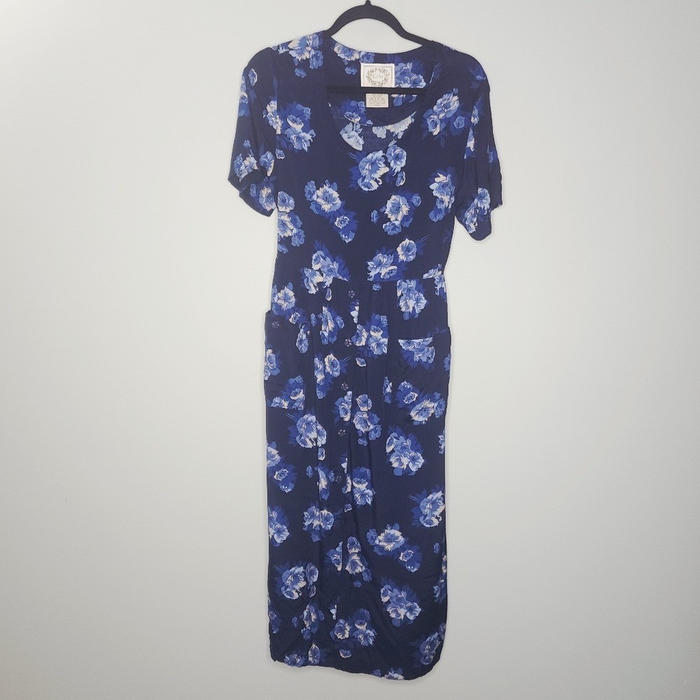 Vintage Erika 90s Blue Floral Midi Dress Tieback Cottagecore Rayon M