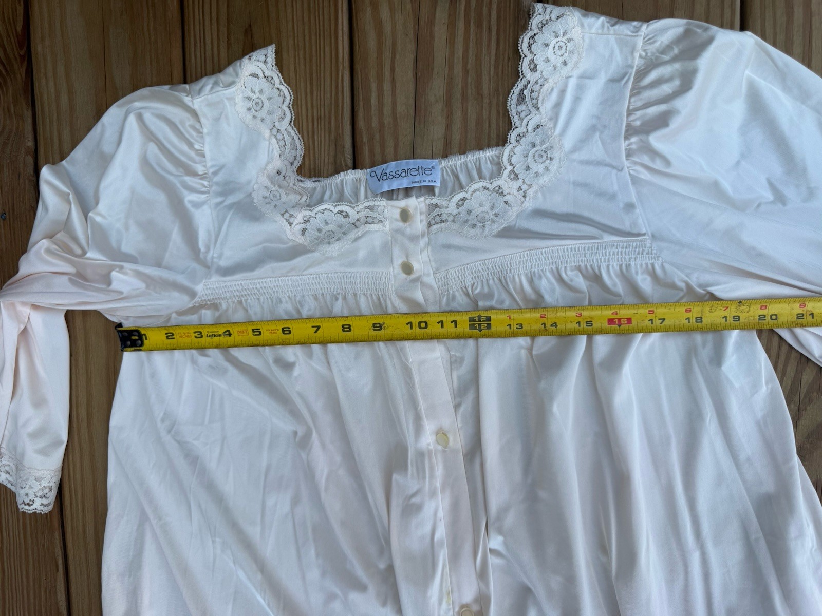 Vintage Vassarette Nightgown Large Peach Long Sleeve Lace Trim USA Sheer
