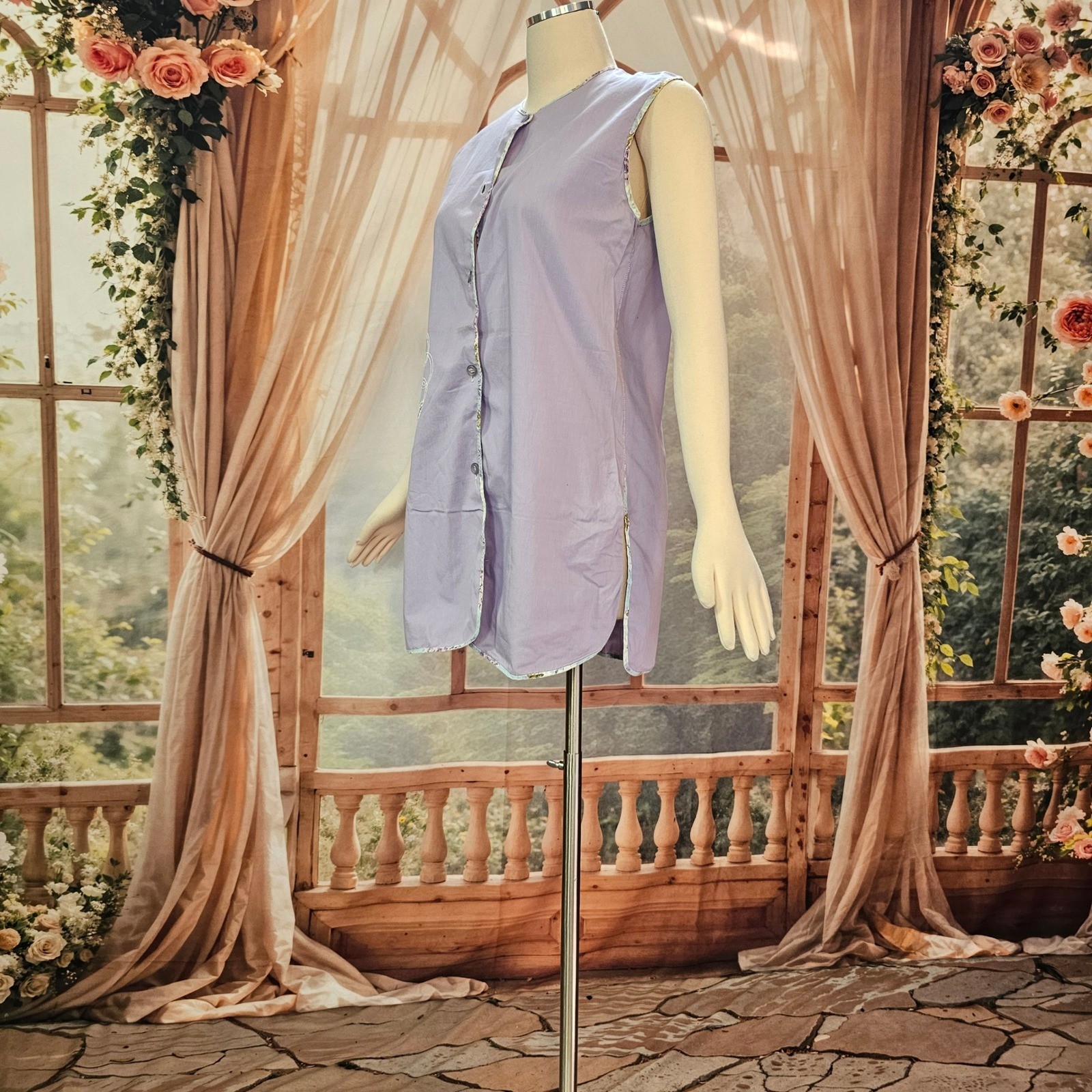 Vintage 1960s Housedress Minidress Pinafore Dress Lilac Purple Teapot Applique