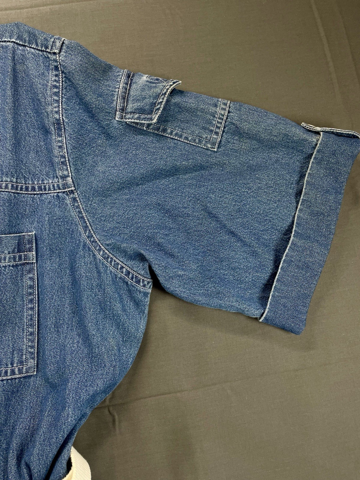Vintage 1980s Forenza Denim Romper Jumpsuit XL Blue Utility Metal Button Belted
