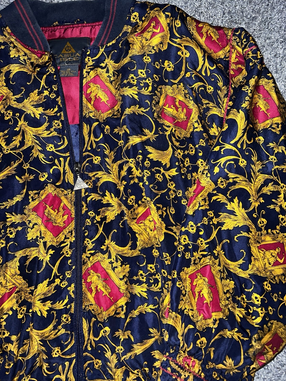 VTG 80s 100% Silk Bomber Jacket Abstract Baroque Print M Casual Isle Full Zip Up