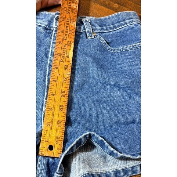 Vintage 1990s BUM equipment denim shorts with large logo patches. SZ 7 waist 28