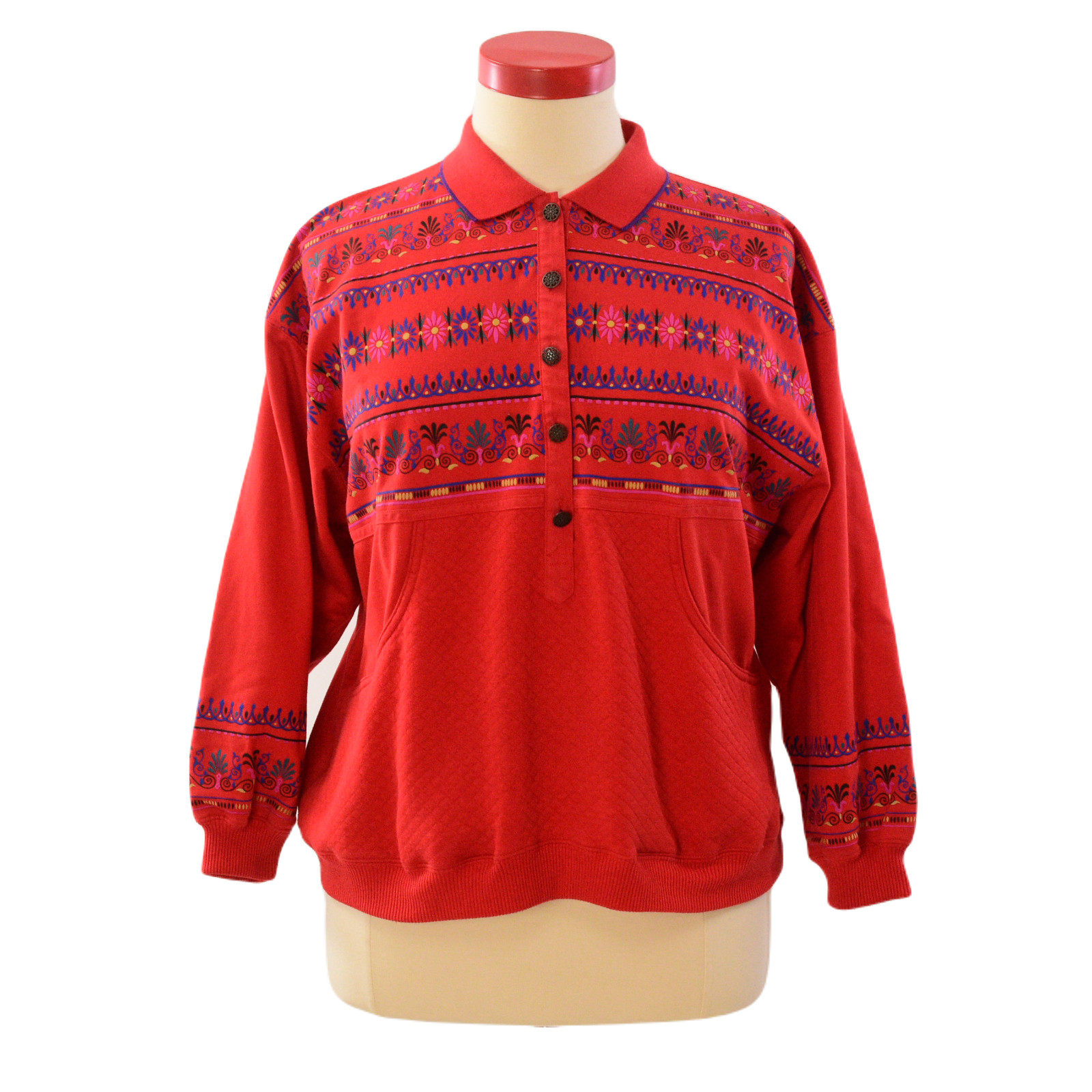 80s Vintage Red Floral Polo Sweatshirt Womens XL Boho Cottagecore Pullover Top