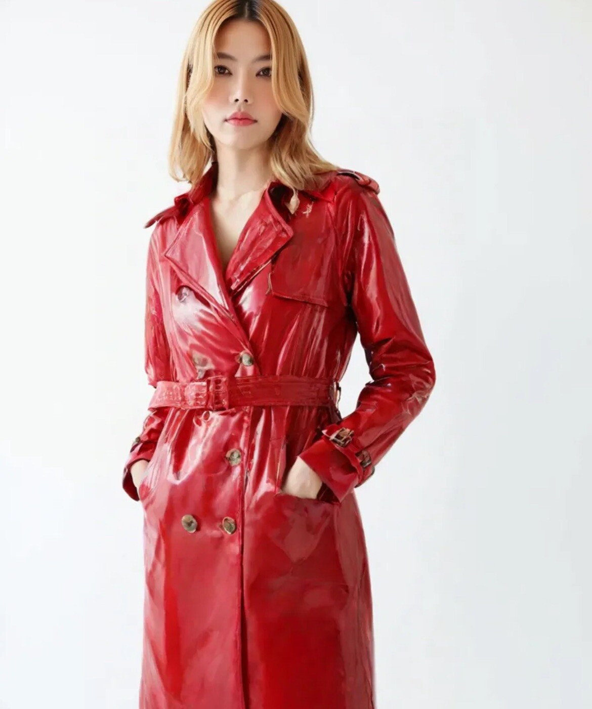 Runway Glossy Patent Vegan Leather Trench Coat Jacket RED L US8-10