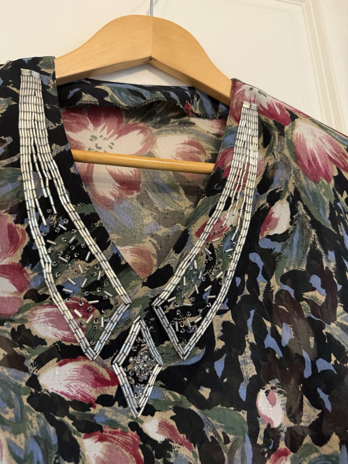 VTG Madame Hanai Yukiko japanese Blouse floral sheer embellished estimated small