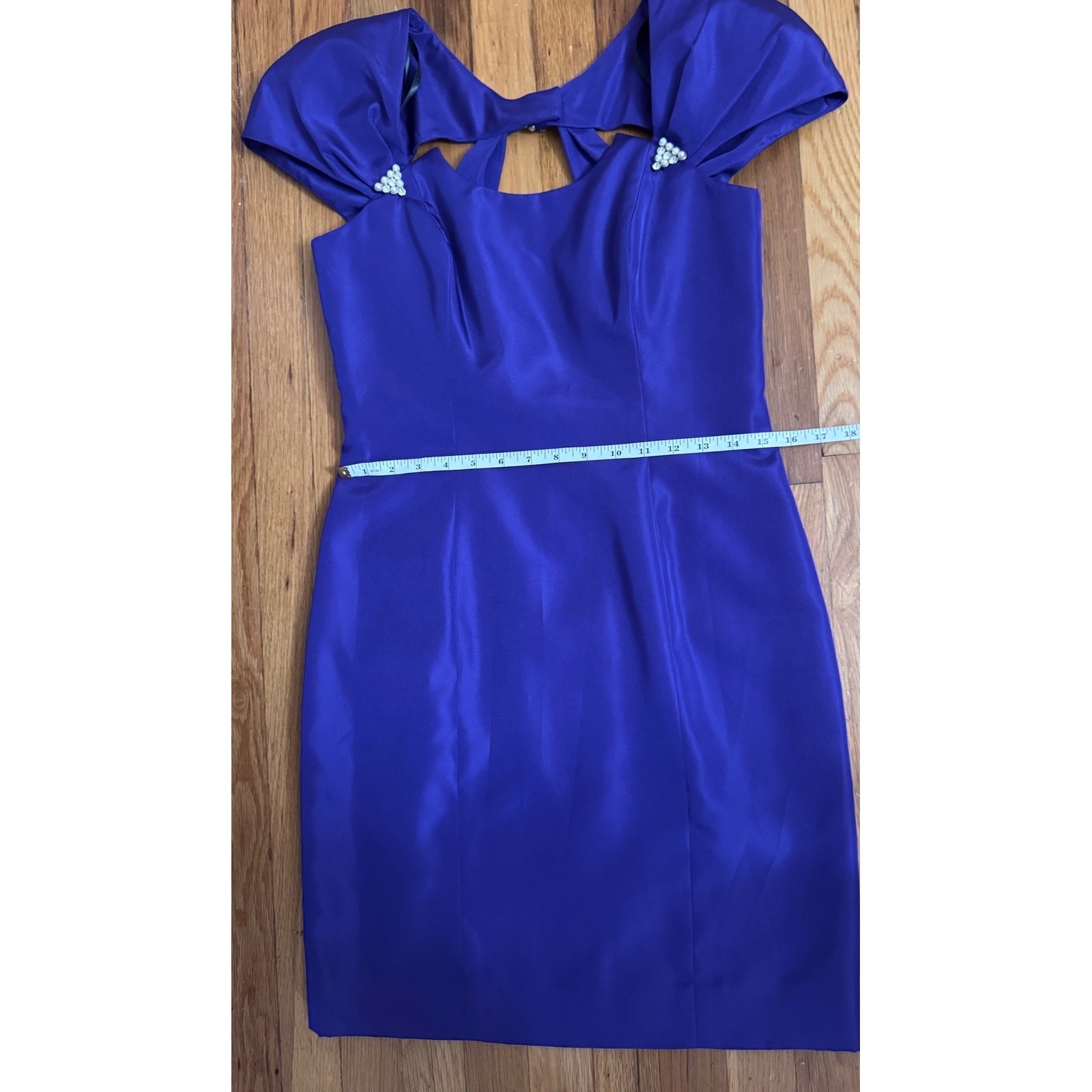 Vintage En Francais Huey Waltzer Purple Satin Cocktail Dress Pearl Detail Sz 8
