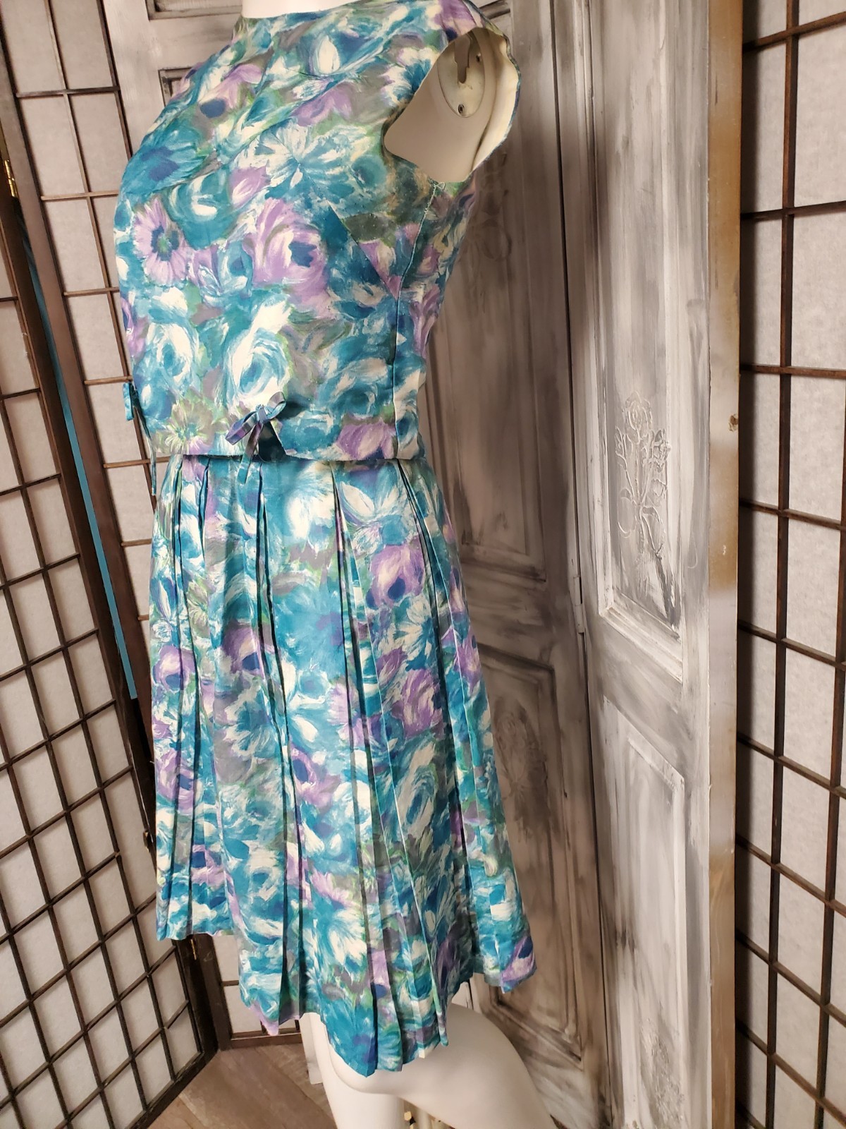 VTG 50s 60s Skirt Button Up Back Top 2 Pc Set Floral Beach Playsuit XS Sundress