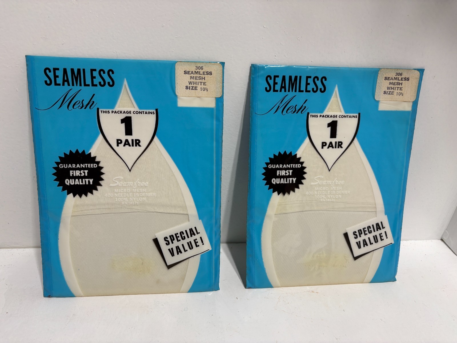 2 Vintage Seamless Mesh Stocking NOS White Size 10 1/2