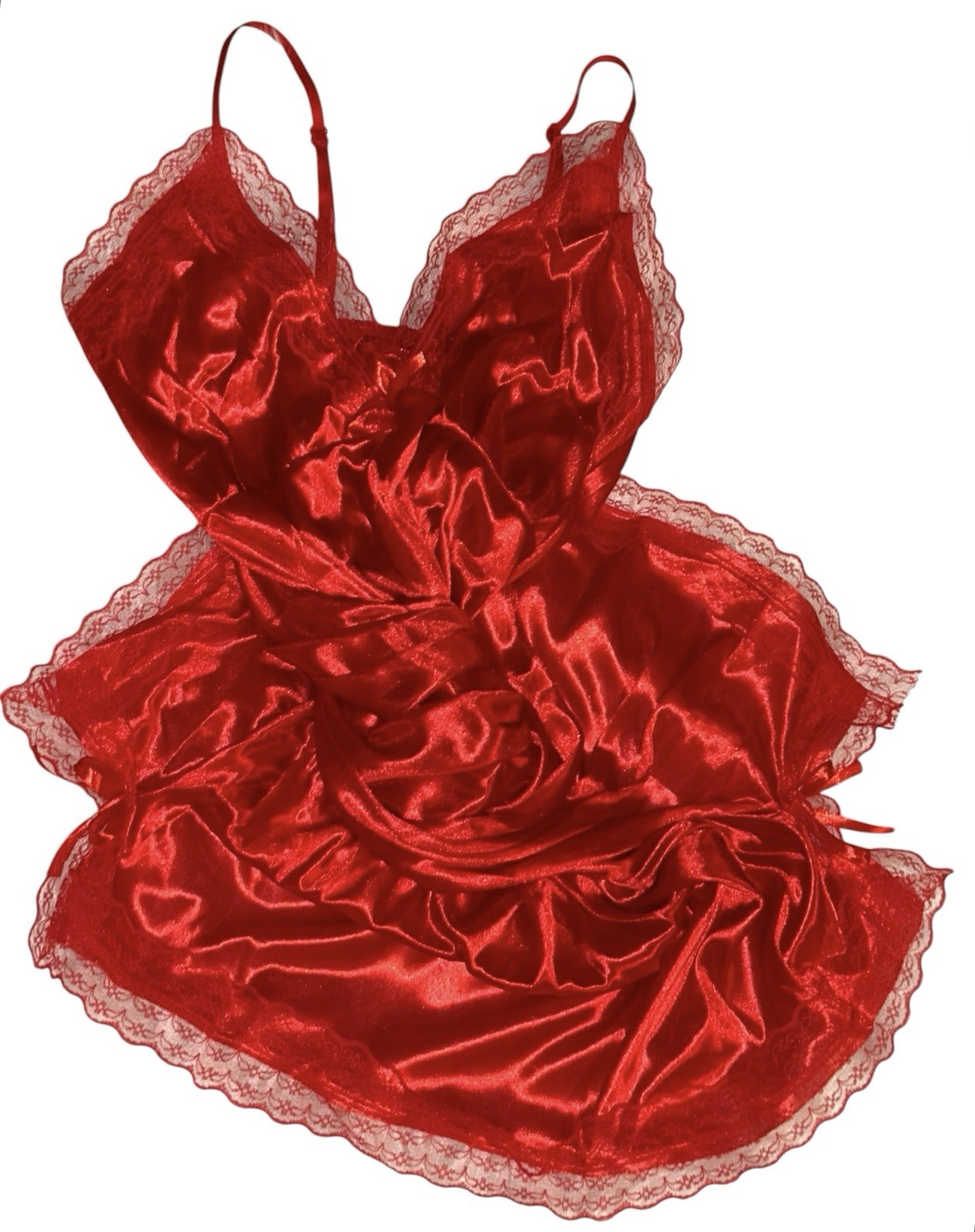 Lipstick Red Shiny Satin Sheer Lace Trim Nightie Nightgown New