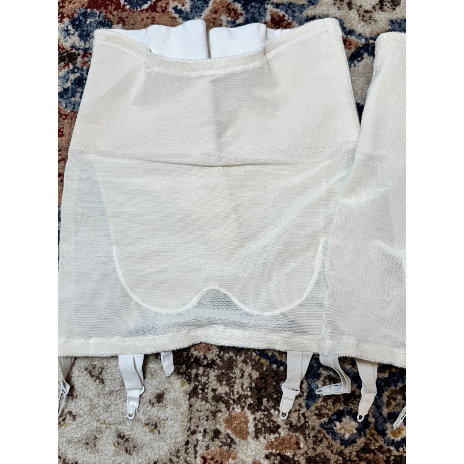 Vintage High Waisted Girdle Set Cream Diamond Stitch Garter Clips Large 29/30