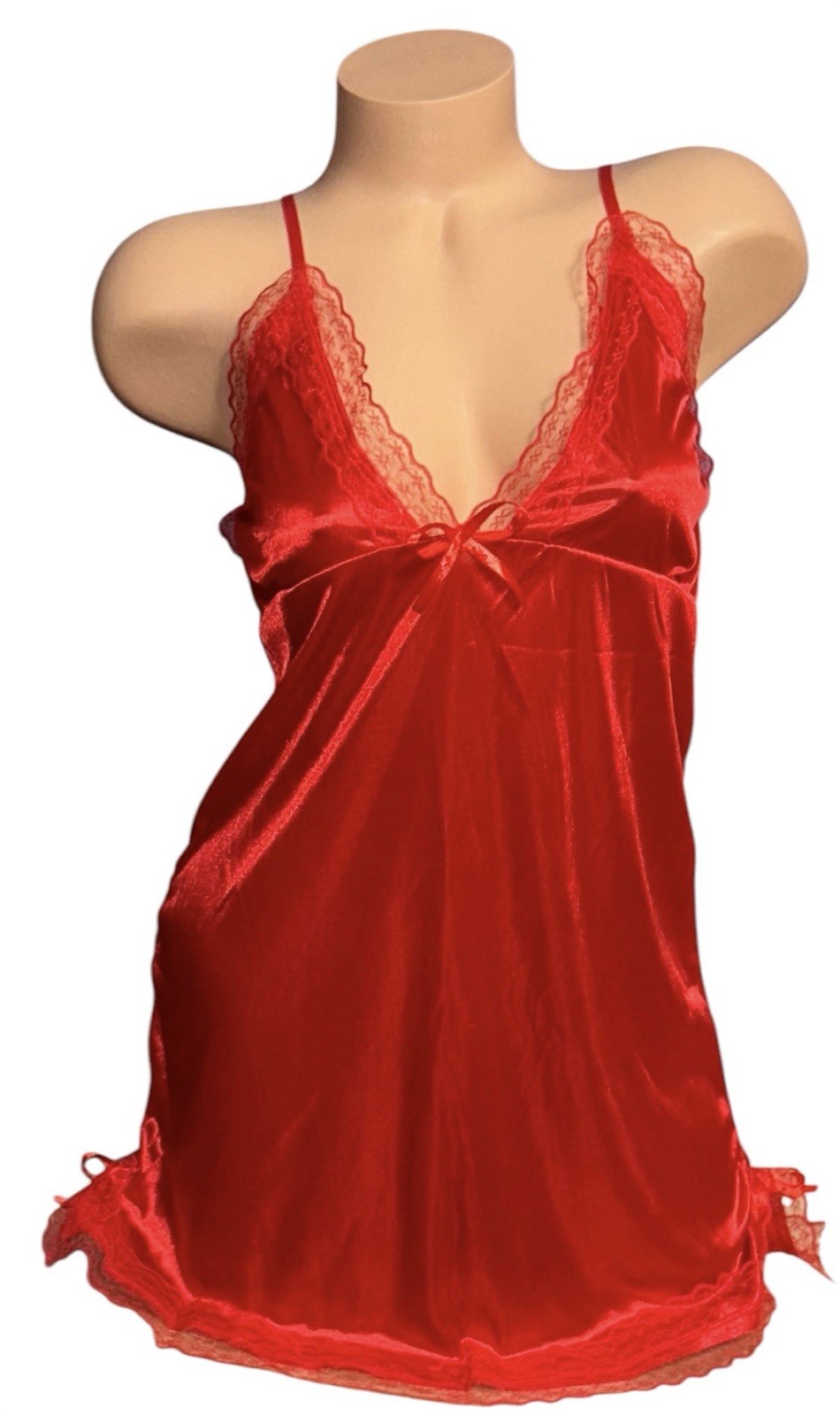 Lipstick Red Shiny Satin Sheer Lace Trim Nightie Nightgown New
