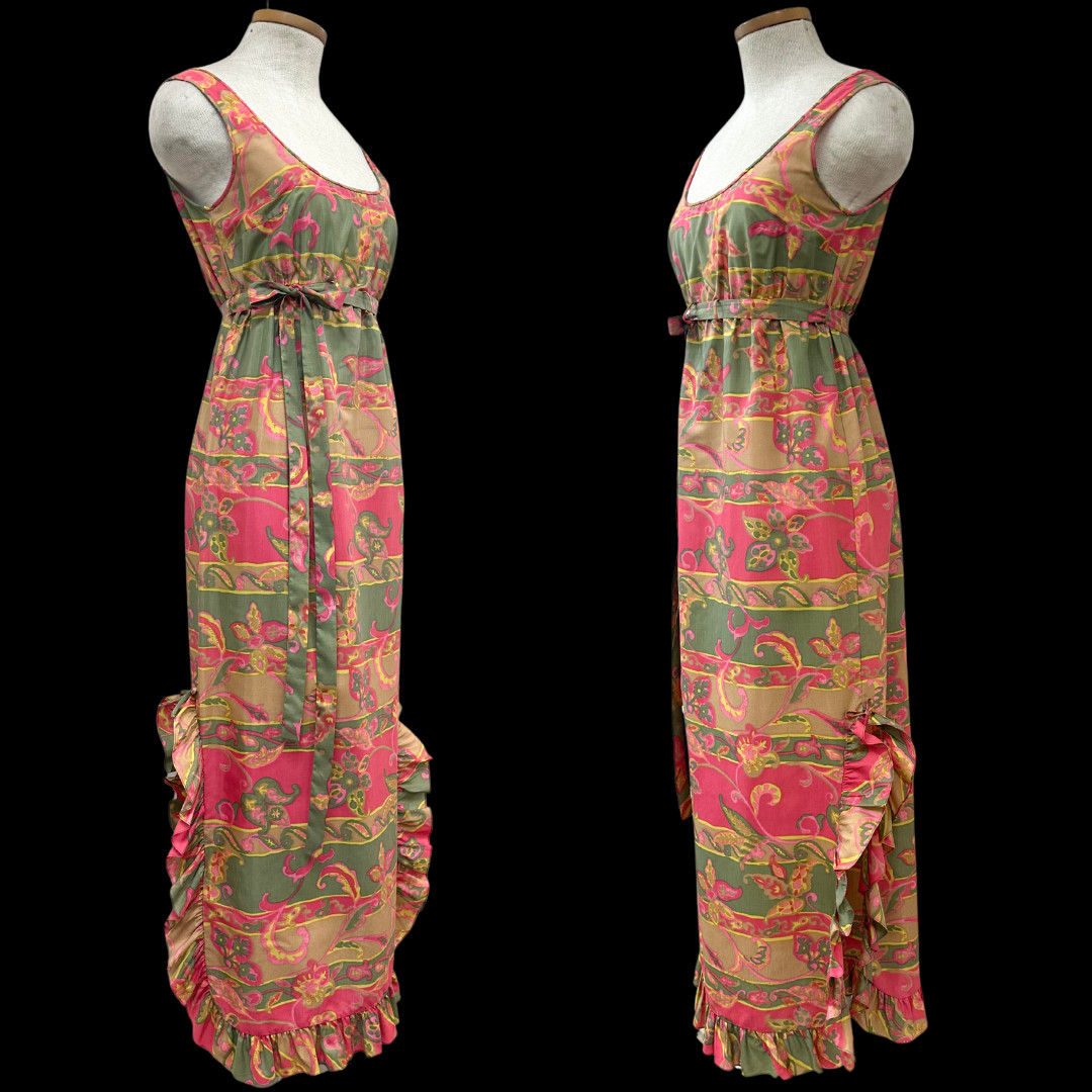 Vintage 60s Eyeful by the Flaums Paisley Maxi Dress with Ruffle Trim & Tie Belt