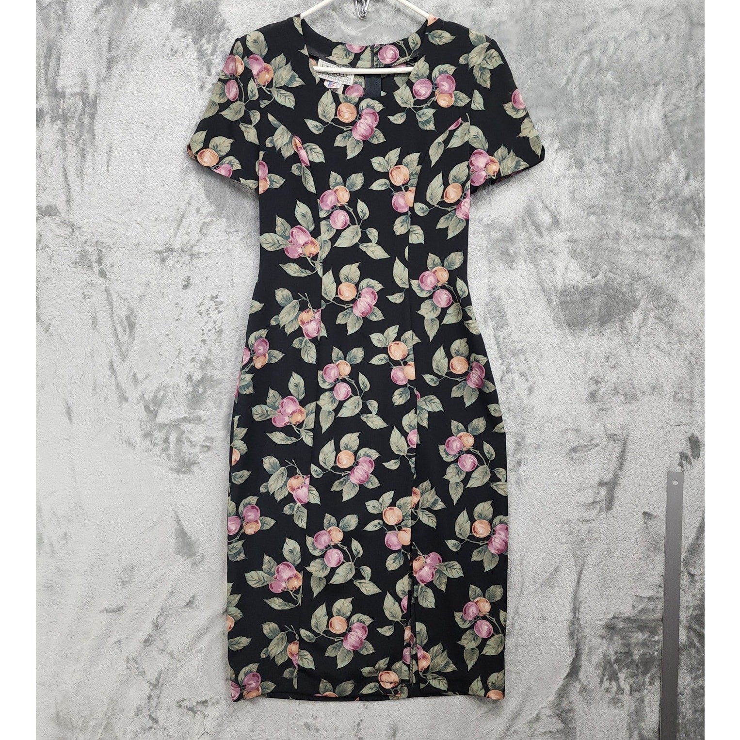Vintage 90s La Belle Dress Womens 7 Juniors Black Floral Sheath Midi Back Zip