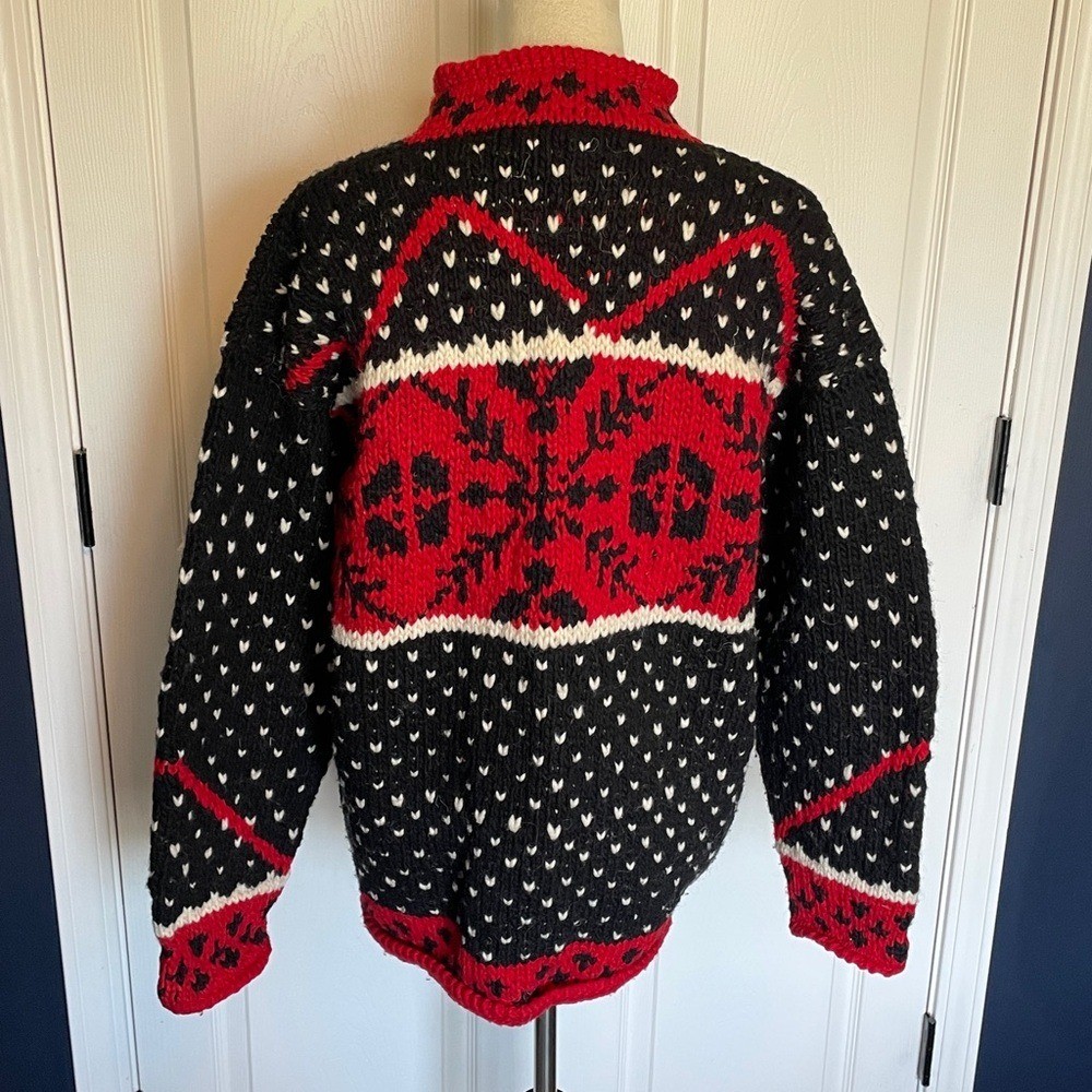 Vintage Unbranded Handmade Chunky Red & Black Zip-Up Wool Sweater Cardigan Sz M