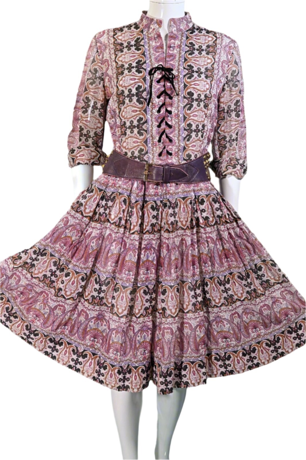 Avalon 60s/70s Vintage Bohemian Corset Lace Up Indian Print Hippie Dress 27″ W