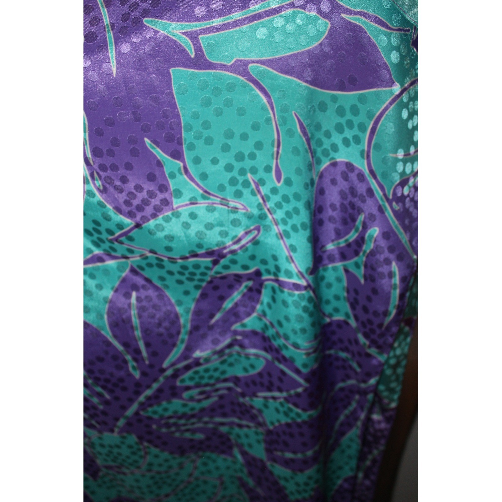 VTG Morgan Taylor Caftan Gown Purple Teal Tropical Satin Women’s Mumu Coverup OS