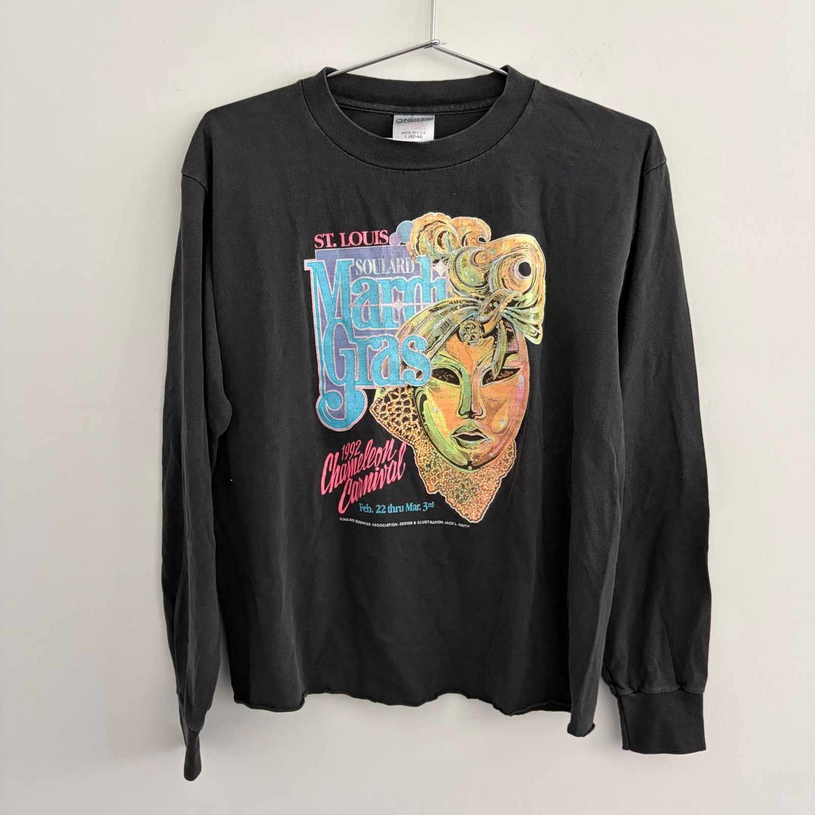 Vintage Oneita Power-T 1992 Soulard Mardi Gras Carnival T-Shirt Black L