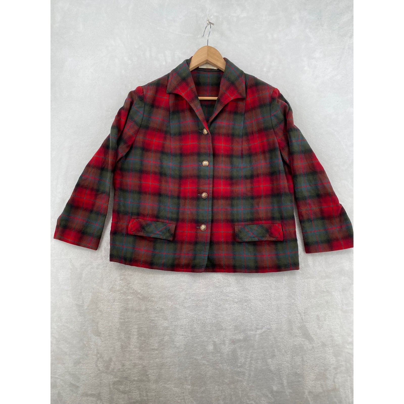 Pendleton Plaid Wool Jacket Size 18 Red Green 1960s Vintage Blazer Gold Buttons