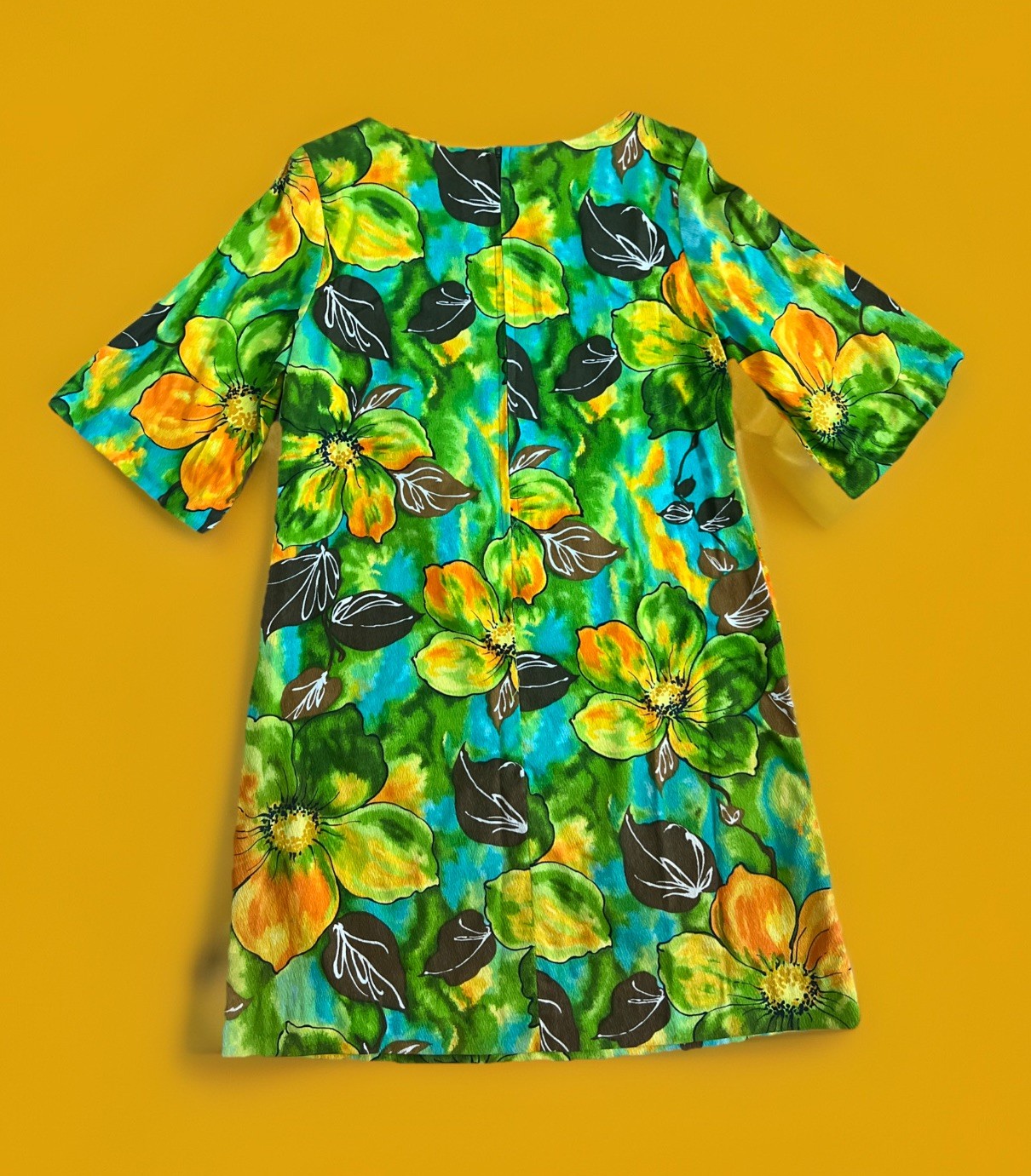 Vintage 60s Ui-Maikai Barkcloth Tiki Mini Dress 3/4 Bell Sleeveless Hawaii M