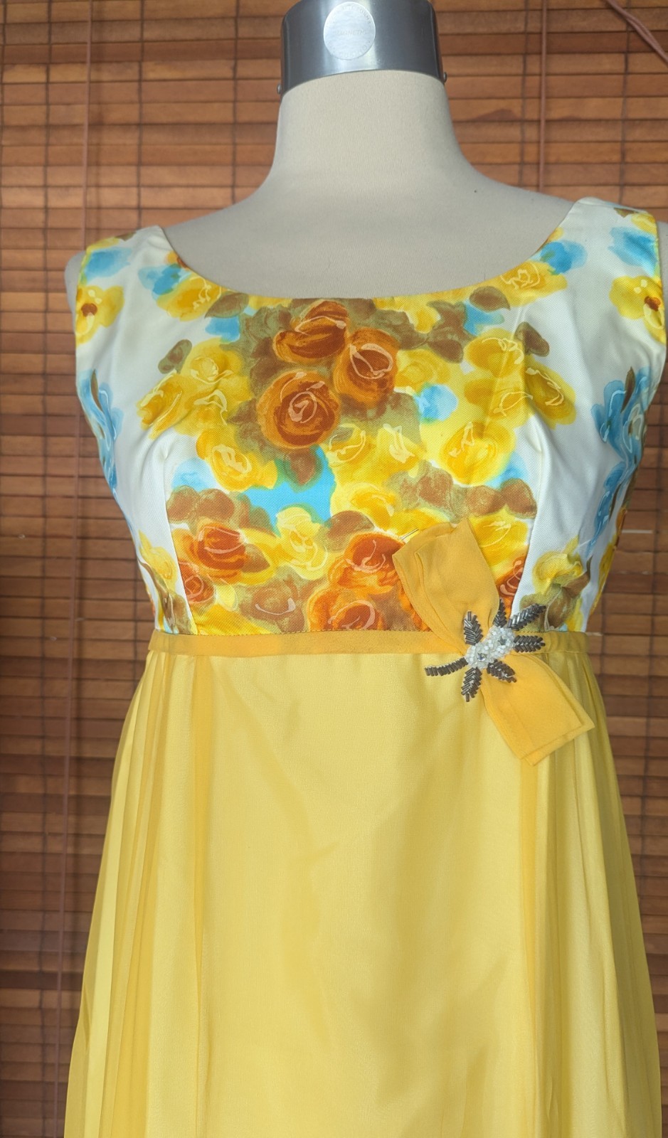 Vintage 1960s Emma Domb California Yellow Floral Chiffon Empire Maxi Gown USA 9