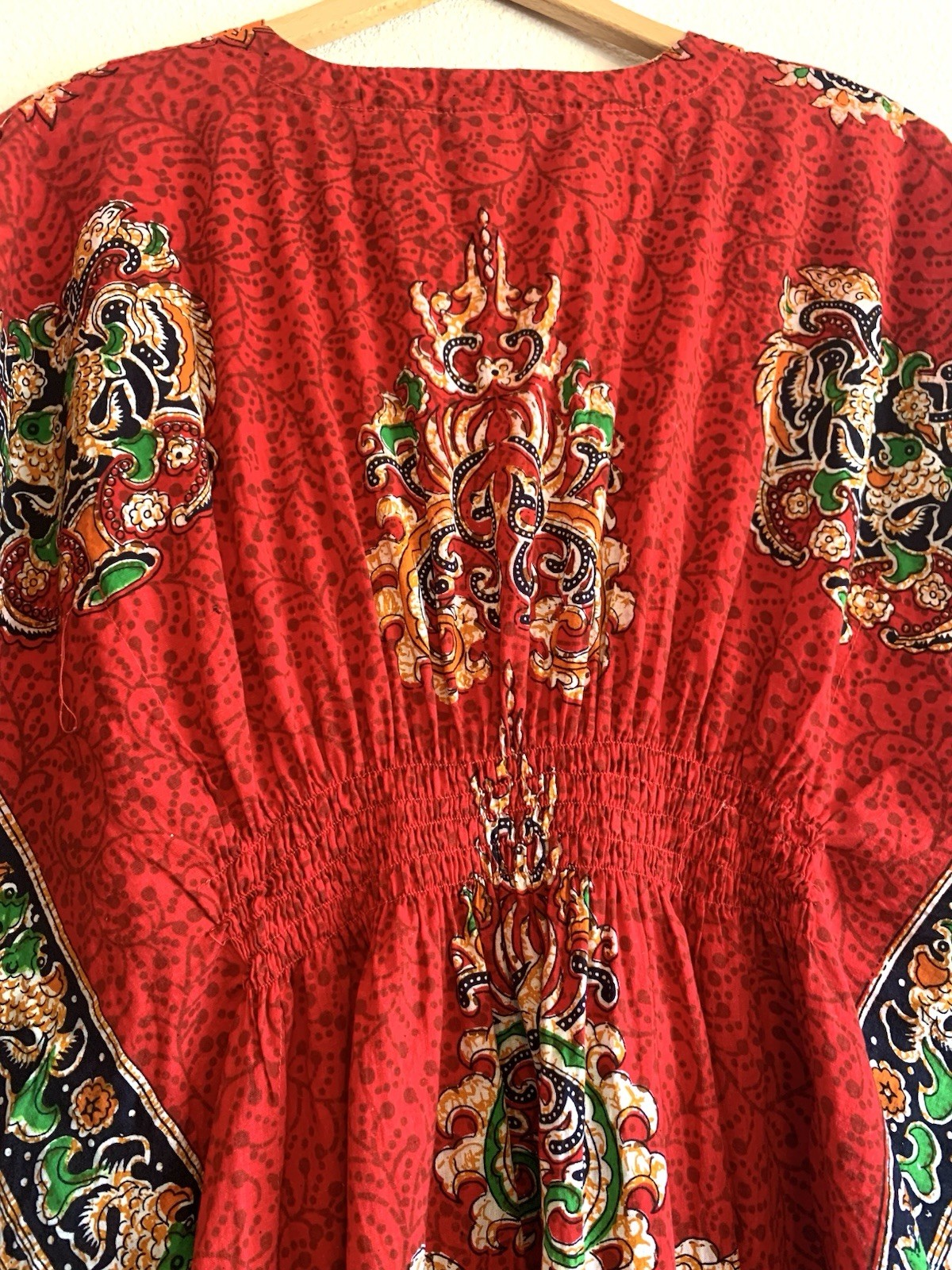 VTG RED BATIK Asian Maxi Long DRESS Kaftan Muumuu Lounge Flutter Empire LARGE