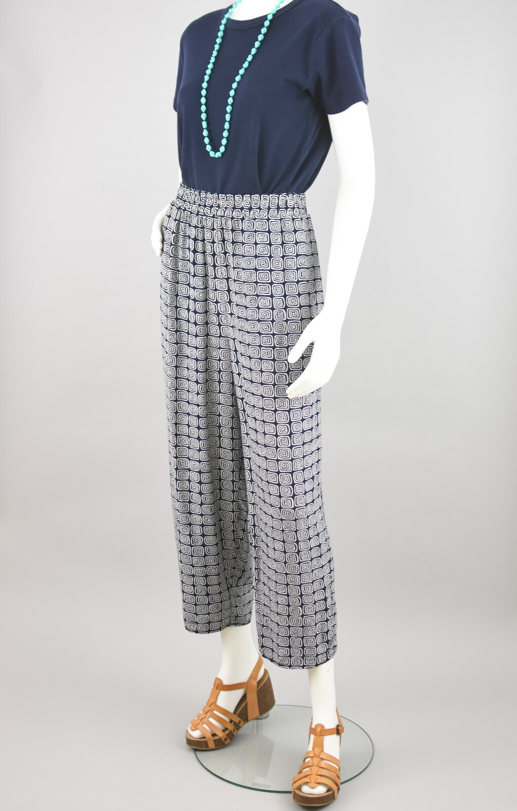 Vintage Navy Blue & White Elastic Waist Easy Pants, Women’s 28 – 33″ Waist
