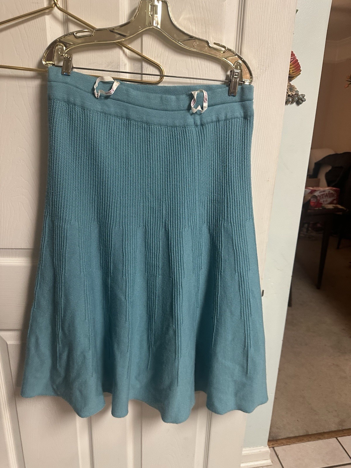 Vintage 60s 70s Flair A-Line Midi Skirt size Xl 18 Green Ribbed Tricoville 36×31