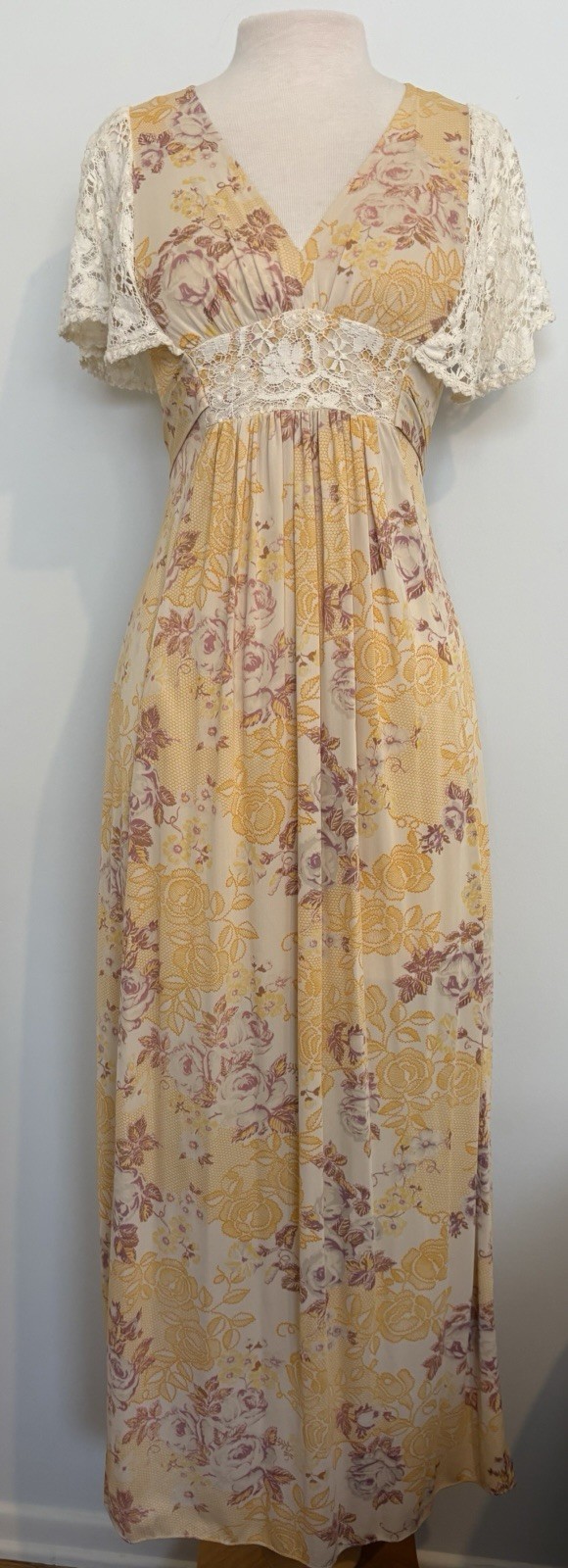Vintage 1970s Floral Print Lace Maxi Dress Flutter Sleeves Tie Back Empire Waist