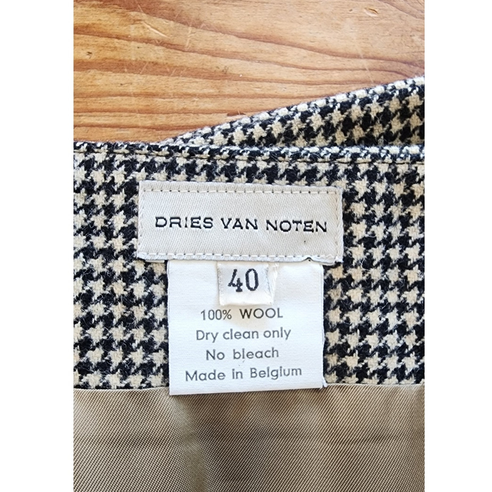 Vintage Dries Van Noten Skirt Gray Houndstooth Wool Knee Length Belt Sash Medium