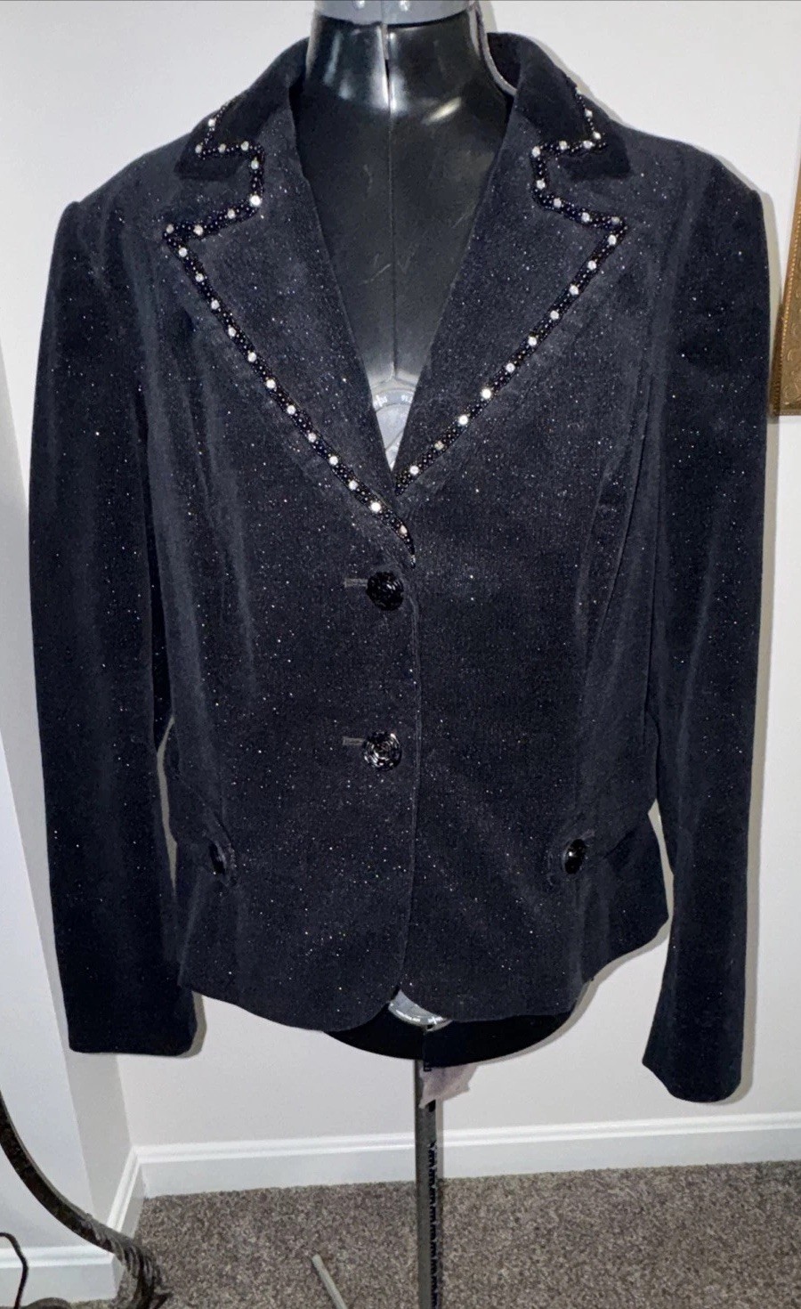 VTG Bisou Bisou Western Black Glittery Jacket Blazer Embellished Back Cut Out L