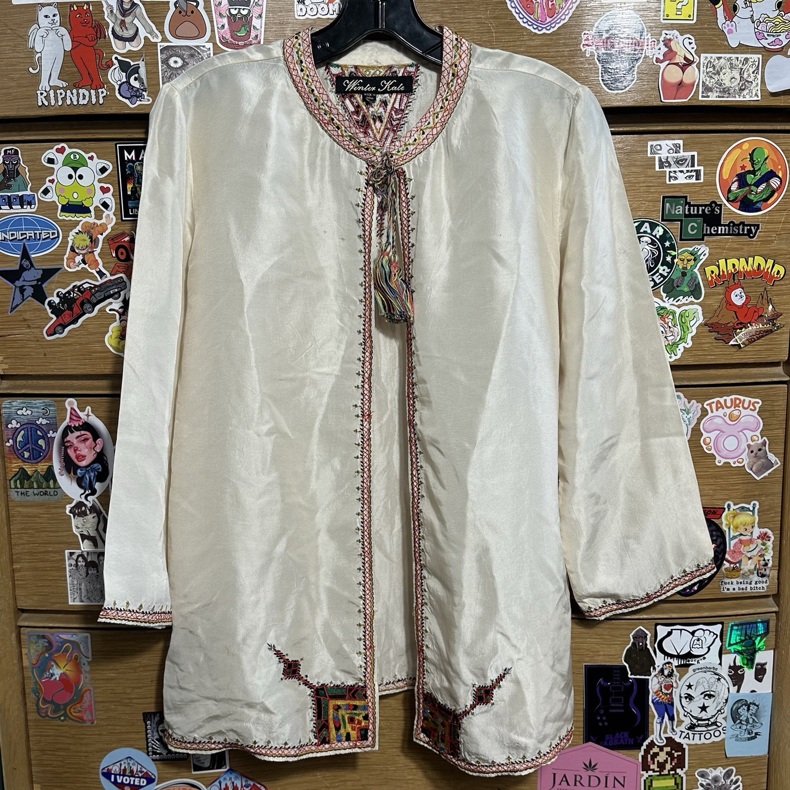 100% Vintage Silk Embroidered Boho Top Size S