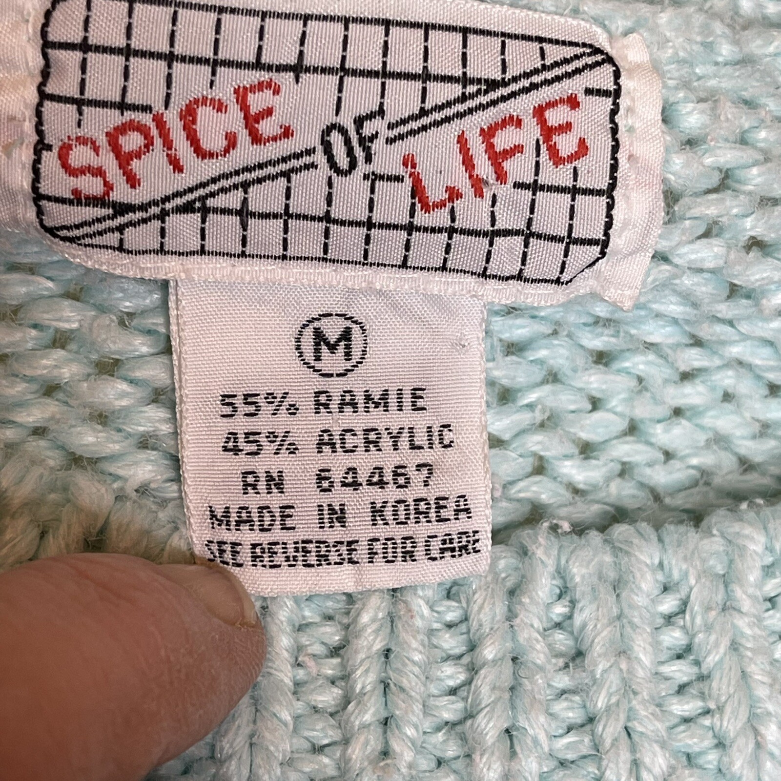 Vintage 80s Spice of Life Fairy Kei Kawaii Sweater Ramie Acrylic Sea Foam Blue M