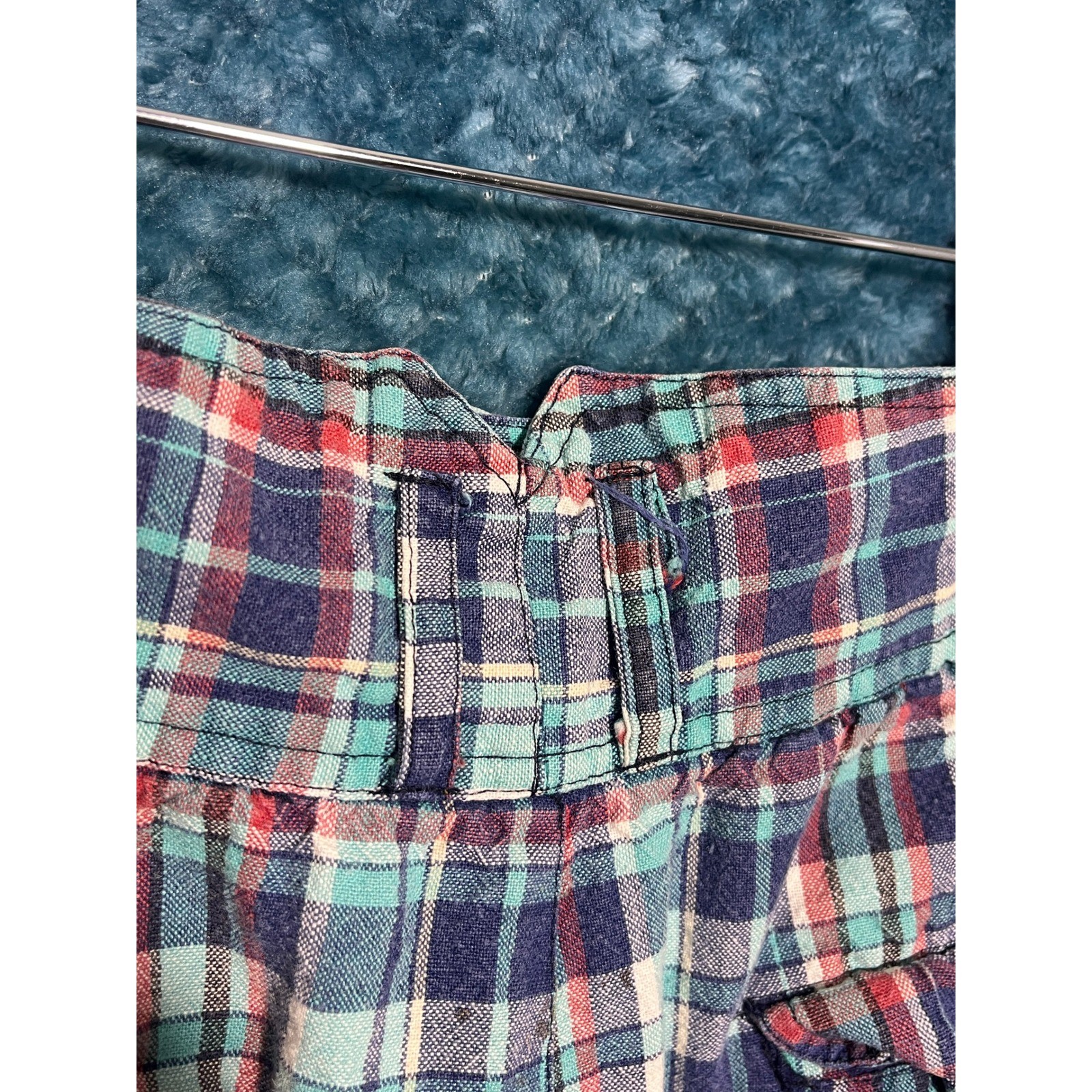 Vintage High Waisted Plaid Pleated Shorts Teal Navy Red Multi Color Check