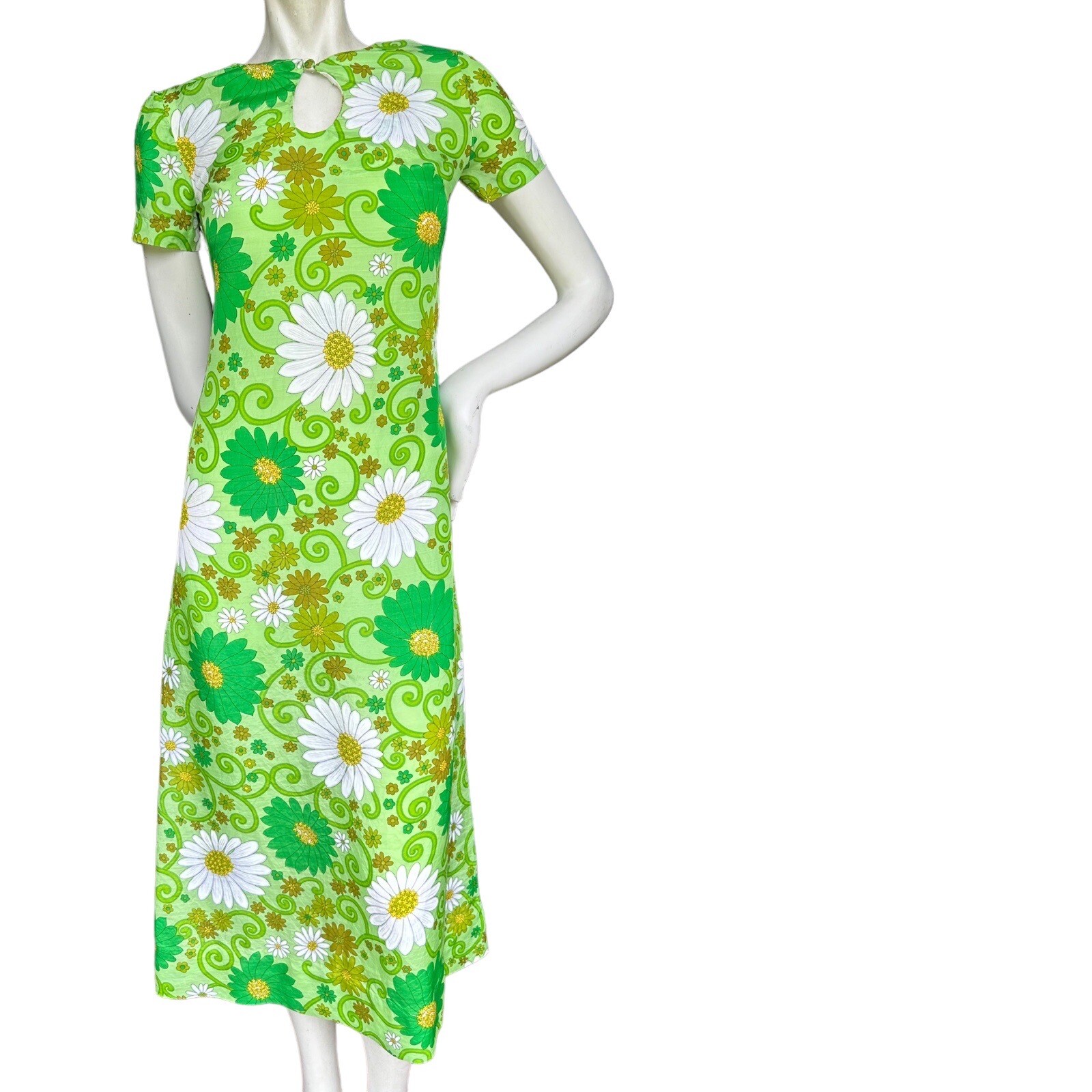 Vintage 60s 70s Handmade Floral Psychedelic Keyhole Neckline Midi Dress XS?