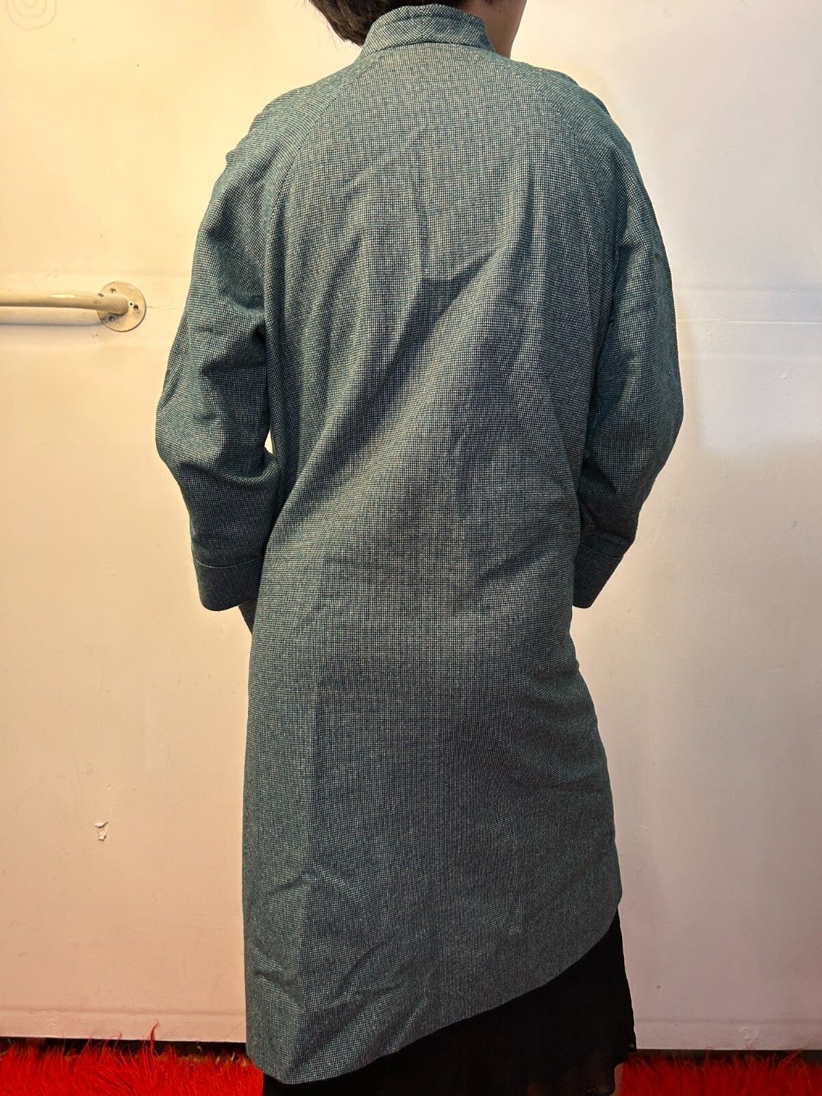 Vintage 1980s Blue Green Womens Woven Duster Coat Textured Cotton AU 6-8