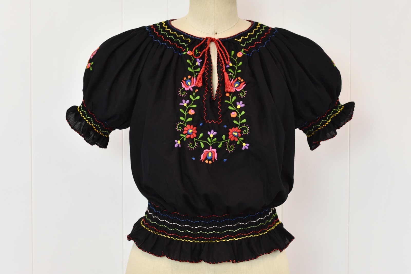 Vtg 1970s does 1930s Black Floral Embroidered Cotton Hungarian Peasant Blouse