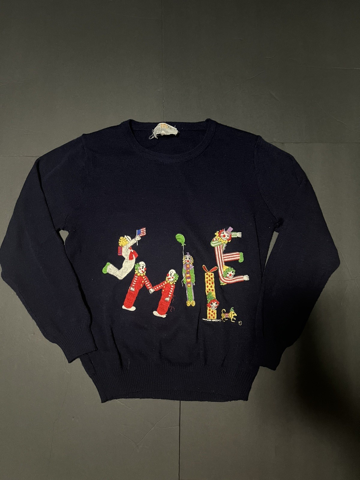 Vtg Cyn Les Shirlee Designs Navy Clowning Around Sweater Thin Knit Size small
