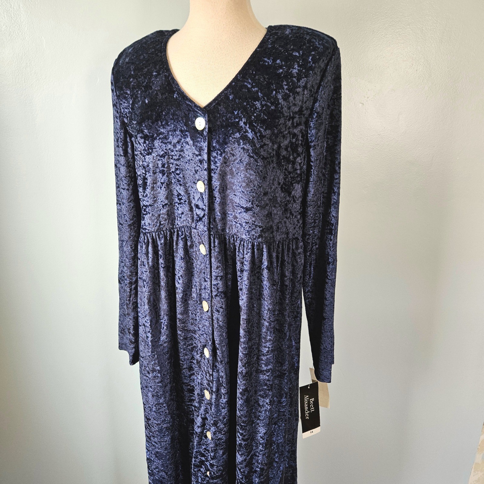 Brett Alixander Vtg 1990s Navy Blue Crushed Velvet Maxi Dress Size 14 NWT NEW