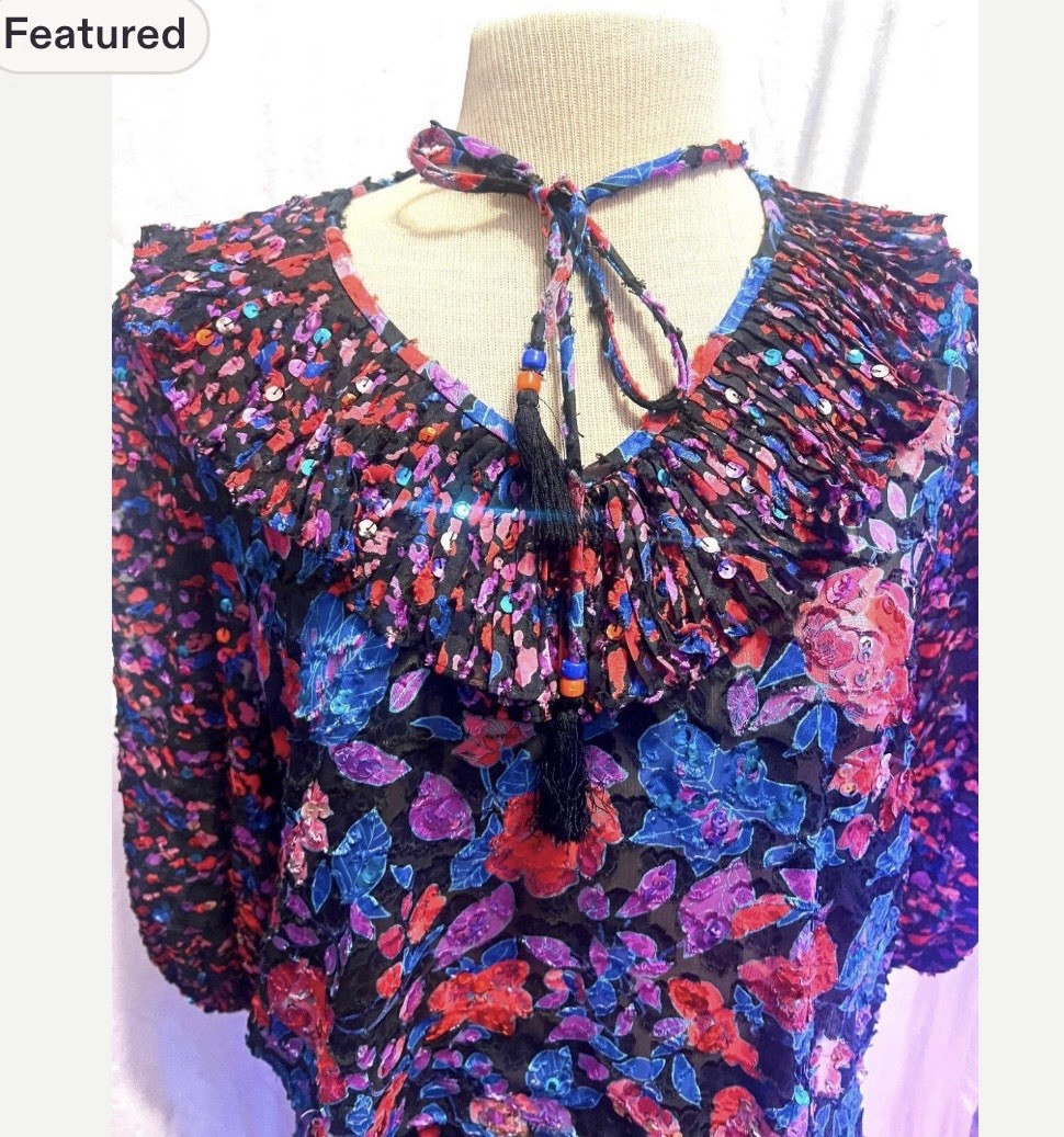 Vintage 80s Diane Freis Exceptional Sequined Floral Georgette Top And Skirt Sz L