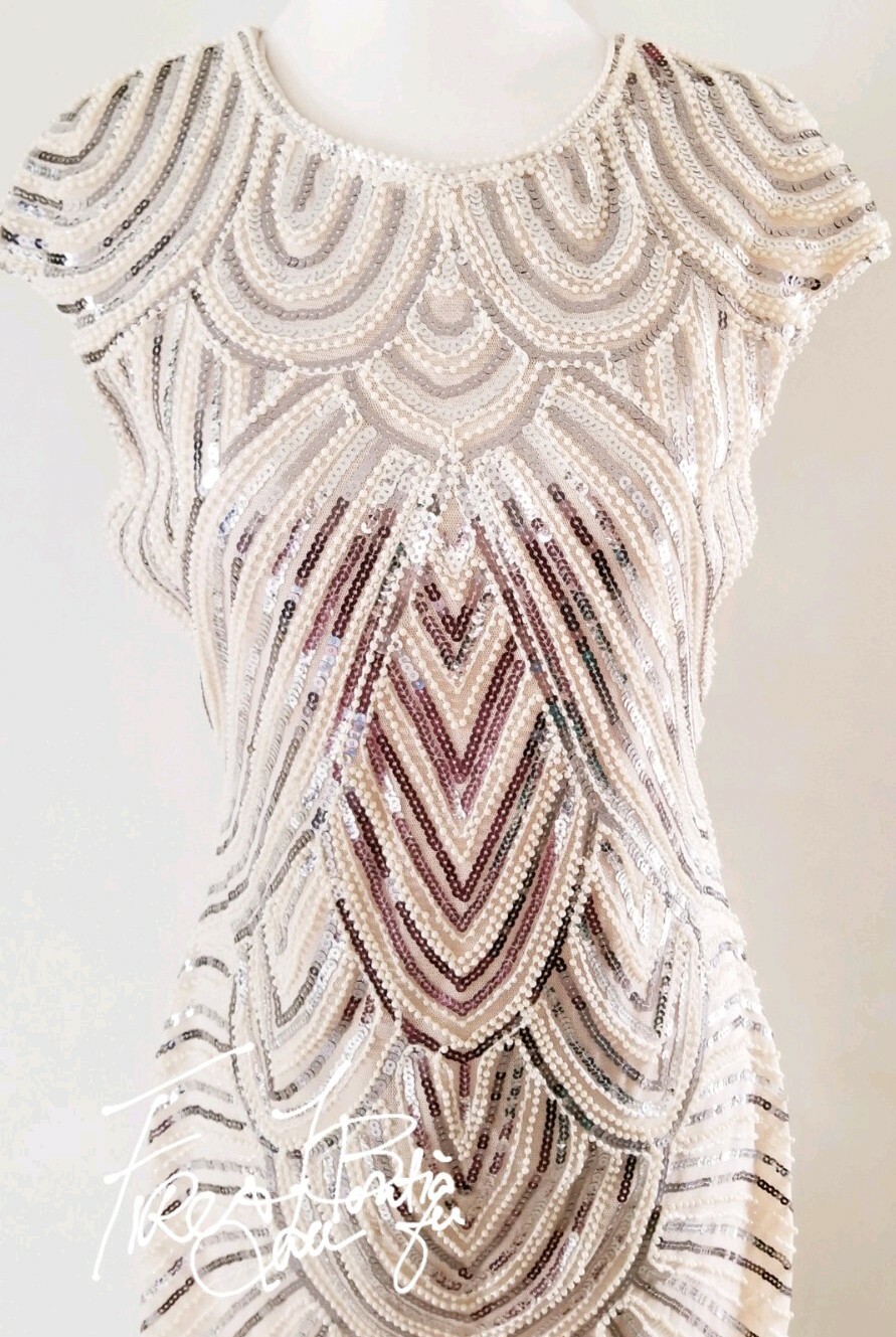 VINTAGE 60s 70s BEADED PEARL SEQUIN FRINGE FLAPPER DRESS SZ M 6 8