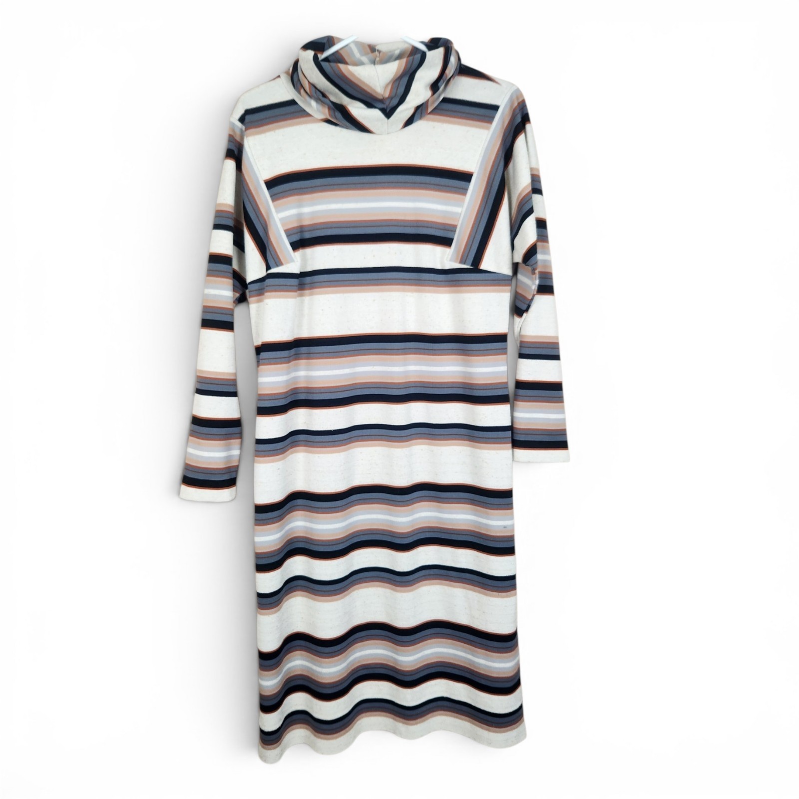 Vtg 60s High Cowl Neck Striped Midi Dress MEDIUM Union Made Talon Zip Fall 70s