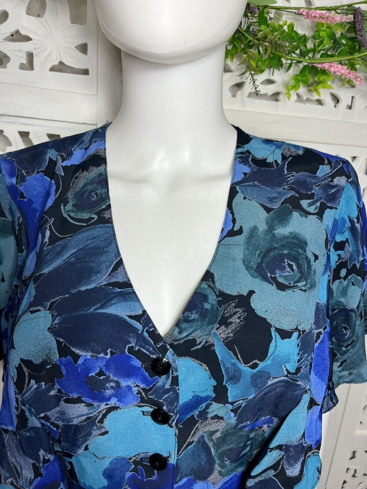 Vintage Barbara Barbara Women’s Floral Blue Ruffle Secretary Dress Size 8