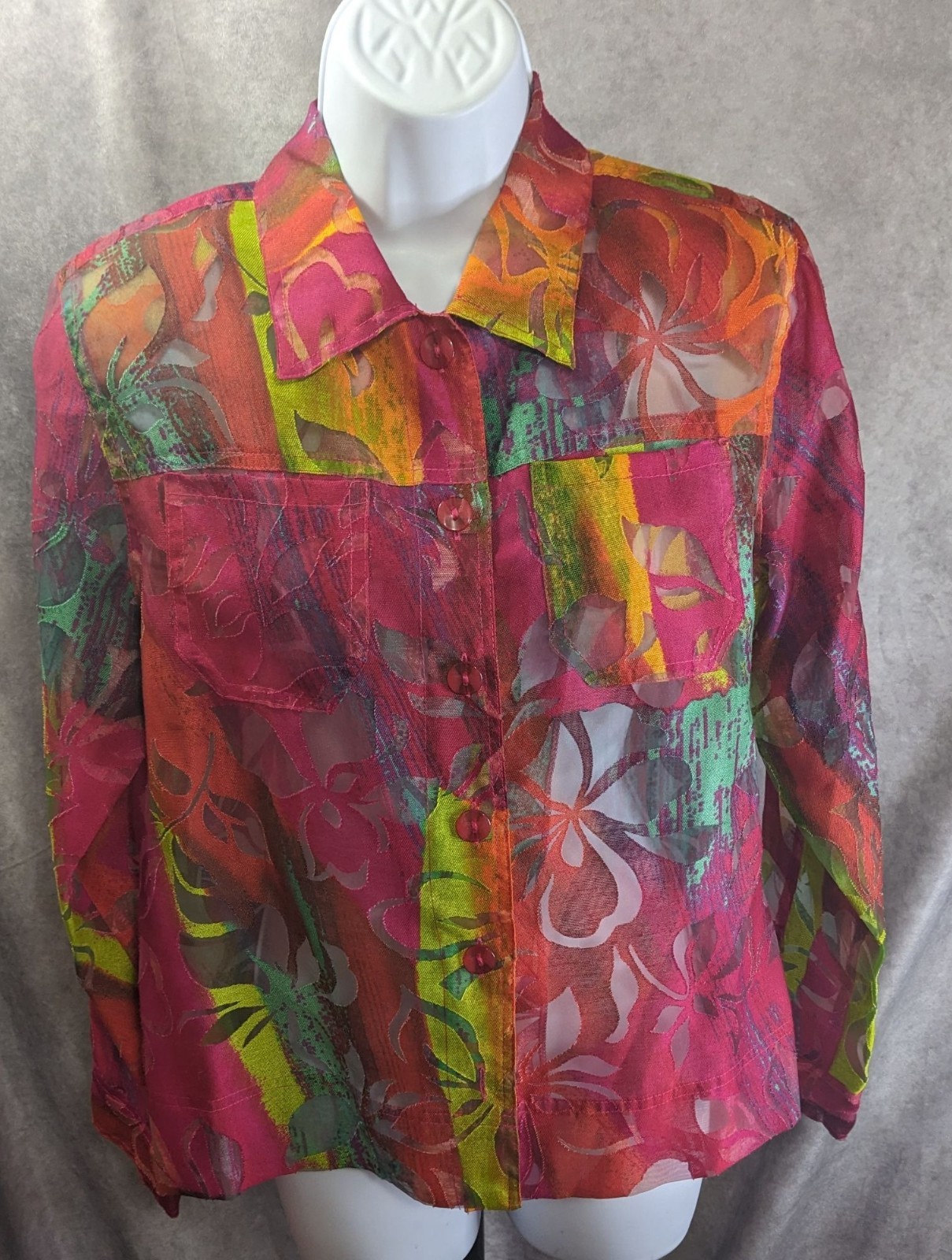 Vintage Sheer Multicolor Floral Button-Up Shirt By Erin London Size S