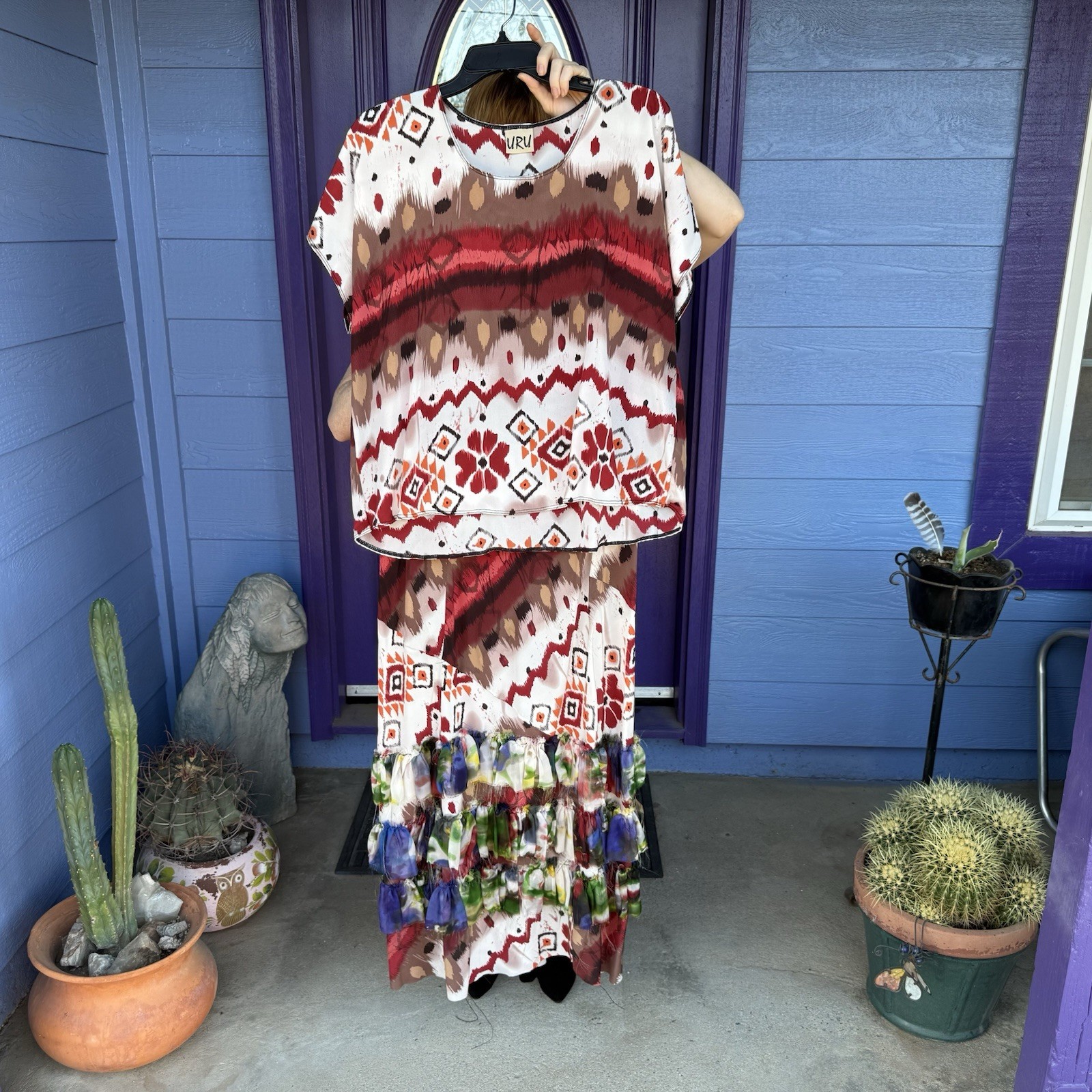 URU 100% Silk Set Matching Blouse + Skirt Size Large 2 Piece Flowy Vintage Boho