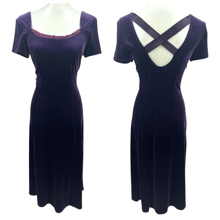 Vintage 90’s Purple Velvet Crossback Short Cap Sleeve Ruffle Neck Maxi Dress 8 M