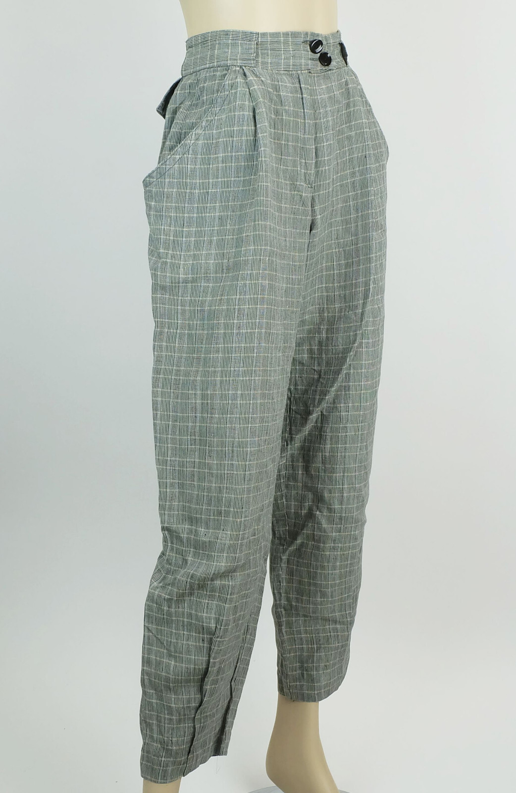 Vintage 1980s Linen Pants RENE LEZARD Plaid Cuffed Wide Leg Pants 38/40