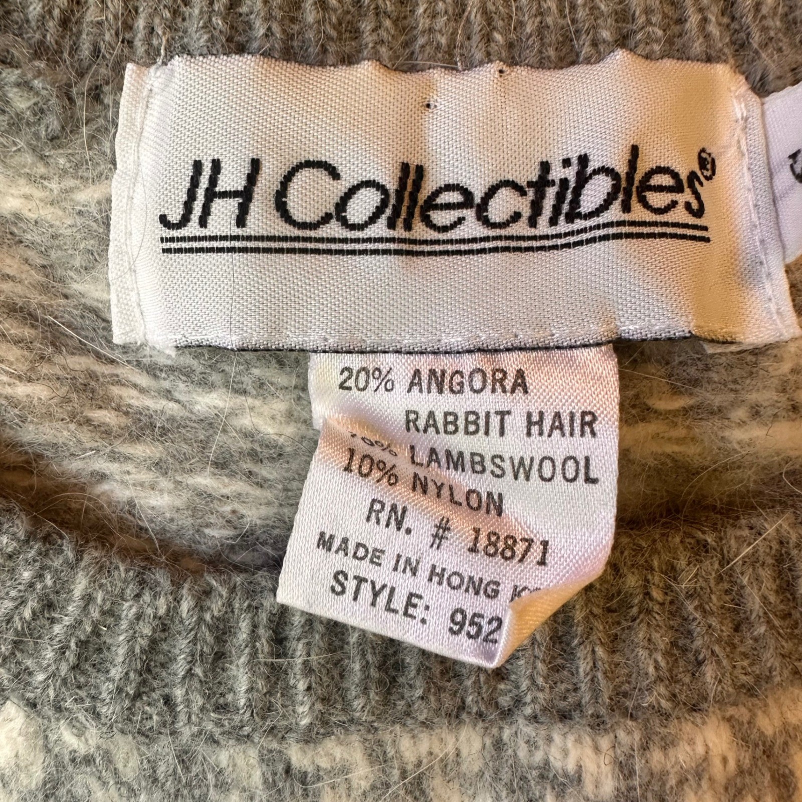 Vintage 90s Angora Wool Sweater Womens S Floral Houndstooth Grey Grandma Core